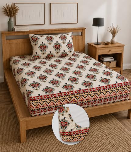 Image of 225 TC Glace-Cotton All Around Elastic Fitted Bedsheet, Elastic Fitted Bedsheet Single Size Bedsheet for Single Bed with 1 Pillow Cover, Size - 72 x 36 x 8 Inch Color