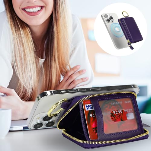 Image of Compatible with MagSafe Wallet,Magnetic Wallet for iPhone iPhone 16 Pro Max /15 Pro /14 Plus /13 /12 Series,Leather Zipper Pocket Card Holder Adjustable Stand-Light purple