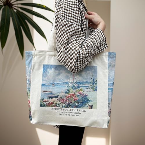 Image of BROADREAM Aesthetic Canvas Tote Bag for Women, Vintage Reusable Book Tote Bag with Inner Zipper Pocket