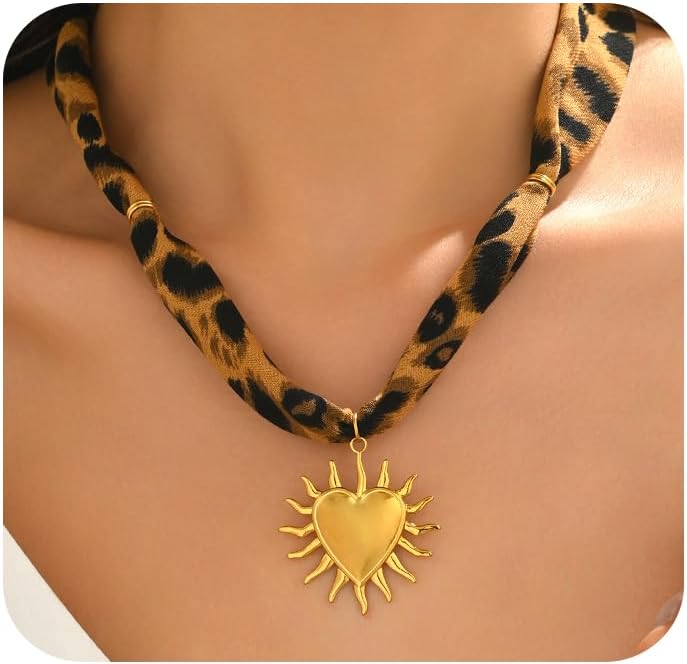 Scarf Necklace for Women, Leopard Print Silk Bandana Necklace with 18K Gold Plated Stainless Steel Charms, Heart, Flower, Sun, Starfish Pendant Necklaces, Boho Vintage Jewelry Christmas Gifts