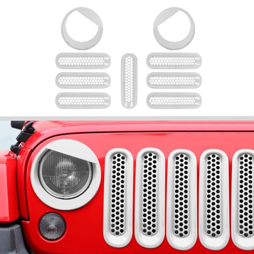 Image of JWWY Front Grille Insert Radiator Grille Grillwork Surround Assembly Inserts Headlight Headlamp Cover Trim Set Fit for 2007-2017 Jeep Wrangler JK JKU Exterior Accessories 9pcs White