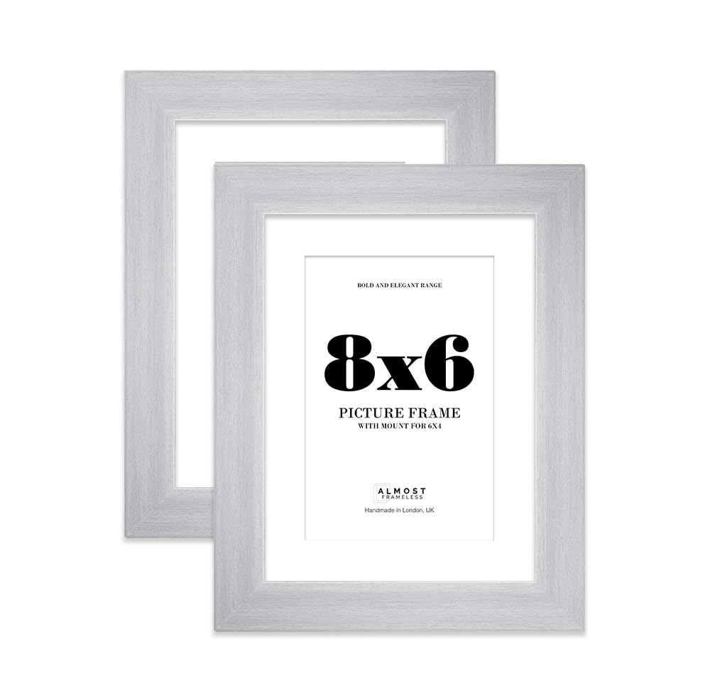 8x6" Silver Frame With Mount for 6x4" Pictures 28mm Edge Portrait and Landscape Display with Wall Hooks and Kickstand, 2 Pack