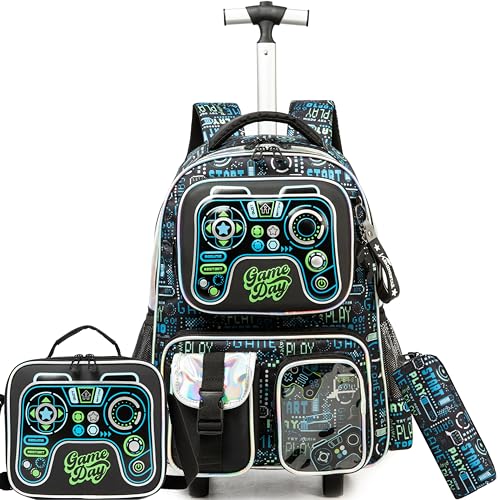 Kids Rolling Backpack for Boys School Rolling Backpacks for Boys 8-12 with Lunch Box Kids Backpacks with Wheels Travel Luggage for Elementary Student