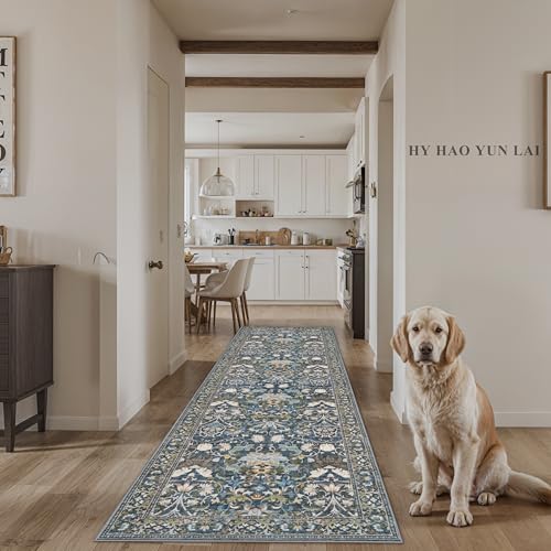Hallway 3x10 Washable Runner Rug: Kitchen Rugs Entryway Area Rugs Vintage Soft Floor Mat Non Slip Indoor Farmhouse Carpet for Bathroom Living Room Bedroom Printed Rug for Family(3x10 Floral/Blue)