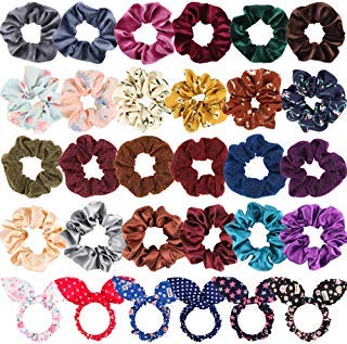 UPINS 30Pcs Large Scrunchies Kit Including Velvet Satin Chiffon Silk Glitter Rabbit Bunny Ear Elastic Hair Bands Scrunchy Hair Ties Ropes Scrunchies for Women or Girls Hair Accessories