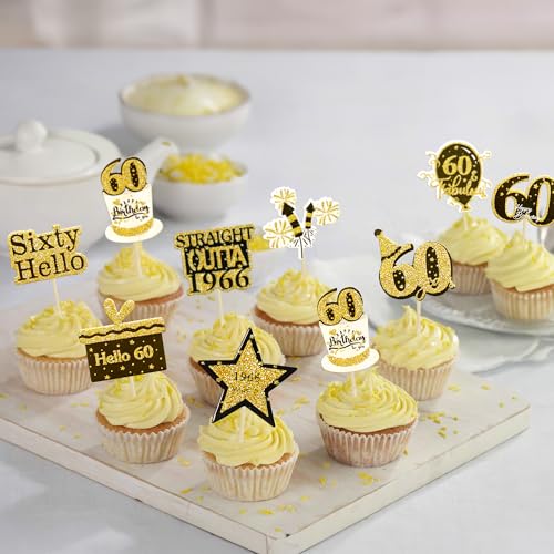 Gyufise 36Pcs Happy 60th Birthday Cupcake Toppers Glitter Black Gold Sixty Straight Outta 1966 Cupcake Picks 60 Fabulous Cheers to 60 Years Cake Decorations for 60th Birthday Party Supplies - Image 4