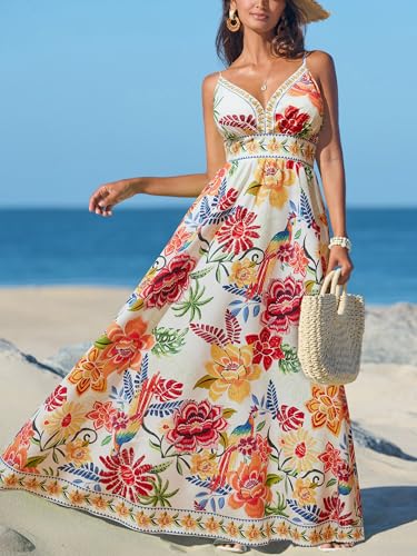 Image of CUPSHE Women's Summer Dresses Casual Spring V Neck Sleeveless Floral Beach Vacation Long Spaghetti Strap Flowy Maxi Dress