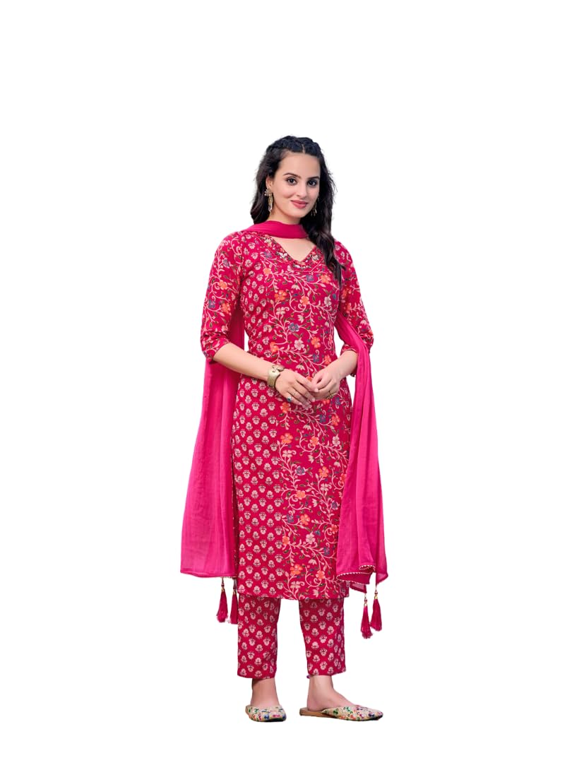 Pink Mirror Embroidery & Floral Printed Kurta with Pant & Dupatta-image-41