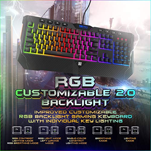 [Upgraded 2020] Gaming Membrane Keyboard with Mechanical Feel Clicks, LED RGB Backlight 104 Keys + 8 Multimedia & Ergonomic Stand - Anti-Ghosting, Palm Rest - for PC/MAC/Computer/Desktop Pro Gamers - Thumbnail 3