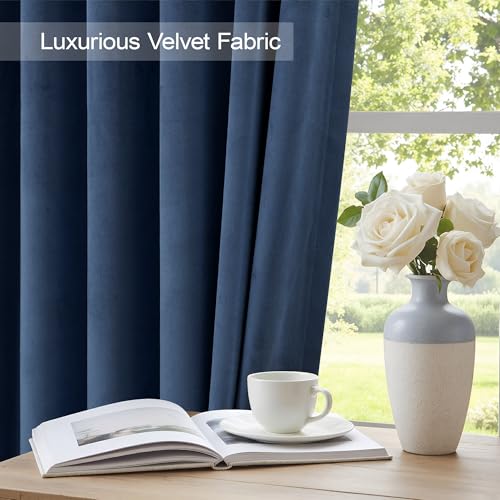 Image of Navy Blue Velvet Curtains 90 Inches Long 2 Panels Luxury Decorative Window Treatment Drape Living Room Darkening Thermal Patio Sliding Glass Door Curtain for Bedroom Dark Blue Indigo Vintage 90 Length