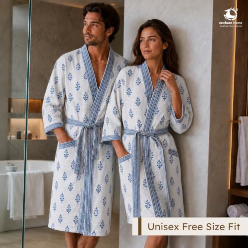 Image of Cotton Waffle Bathrobe for Women and Men, Lightweight Soft Unisex Knee Length Cotton Robe, Premium Comfortable Dressing Gown for Home Loungewear Use and Relaxation Bathrobe