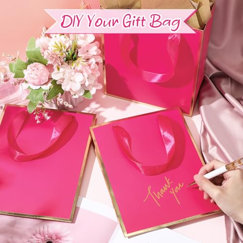 Image of Yeaqee 24 Pack Metallic Paper Gift Bags, Hot Pink, Gold | with Satin Ribbon Handle and Tissue, 9x7x3.1 Inch, Suit Business, Birthday, Christmas, Thank You Return Gifts Bags