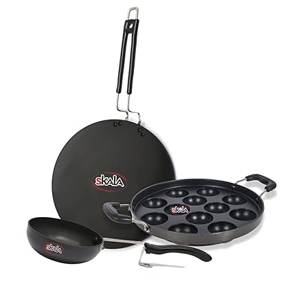SKALA Cookware Combo Pack of Tadka Pan 12cm | Concave Tawa 30cm 3mm | Nonstick Panniyarakal 12 Pits | Hard Anodised [Non-Induction]
