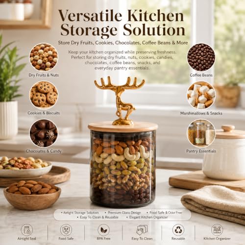 Image of bellemax 500ML Smoky Grey Glass Storage Jar with Wooden Lid & Golden Deer Handle | Airtight Kitchen Storage Containers for Dry Fruits, Cookies, Candy, Tea, Coffee, Sugar & Snacks Set of 2