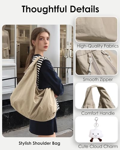 Micmores Handtasche Damen Nylon Umhängetasche Stylische Hobo Tote Bag Groß Shopper Tasche Praktische Schultertasche für Schule, Arbeit, Reisen, Einkauf (Khaki)
