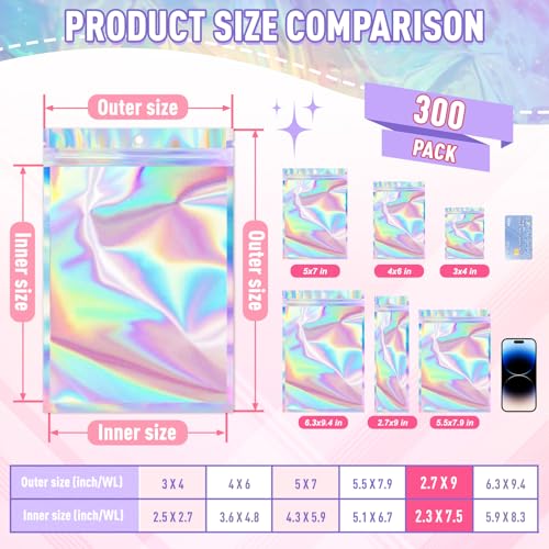 ANZNKU 300 Pack Pen Bags Holographic Mylar Bags with Clear Window, 2.7x9 In Smell Proof Packaging Bags for Small Business, Resealable Foil Zipper Pouch for Candy Jewelry Goodie Gift & Party Favors by ANZNKU - Used condition - Image 2