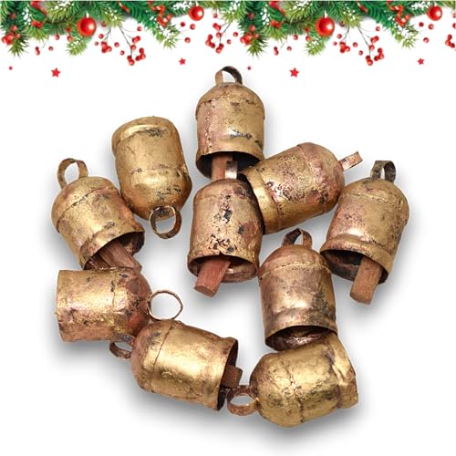 Shabby Chic Bells Style Ten DIY Small Rustic Cow Bells for Crafts Jingle Hanging Bells with Ribbon Roll for Christmas Trees
