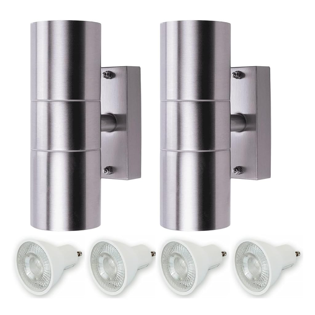 HiSPEC Coral LED Outdoor Up Down Wall Lights | for Home, Driveway, Garden, Patio | Wall Mounted Exterior Security Light with IP44 Rating (Stainless Steel, 2 Pack with Bulbs)