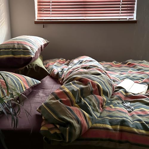 Image of MKXI Vintage Striped Duvet Cover Set Full Size- 3 Piece 100% Cotton Bedding Set Multicolor Stripes, Soft & Breathable, All-Season Comforter Cover with Zipper Closure