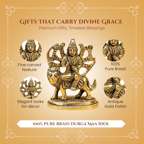 Image of Ekhasa 100% Pure Brass Durga Maa Idol with Gift Box | MATA Rani Murti Sherawali Goddess Statue for Pooja Room Home Decor Office Desk | Religious Housewarming Griha Pravesh Wedding Gift