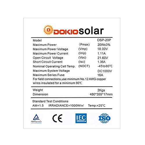 Image of DOKIO Monocrystalline Solar Panel Size 20W 18V for 12V System, Aluminum Frame, MC4 Connector, Pre-Drilled Holes for RV, Boat, Marine, Off-Grid Power