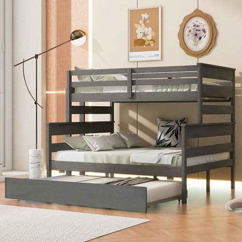 Harper & Bright Designs Wood Twin Over Full Bunk Bed with Twin Size Trundle,Twin-Over-Full Bed Frame with Ladder and Guardrail,Can Be Separated into 3 Beds,Gray