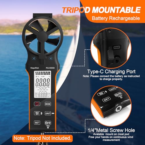 CFM Airflow Meter HVAC Anemometer Handheld, WapoRich Wind Speed CFM Meter Rechargeable Measure 0~999900CFM/CMS/CMM Air Volume - Image 4