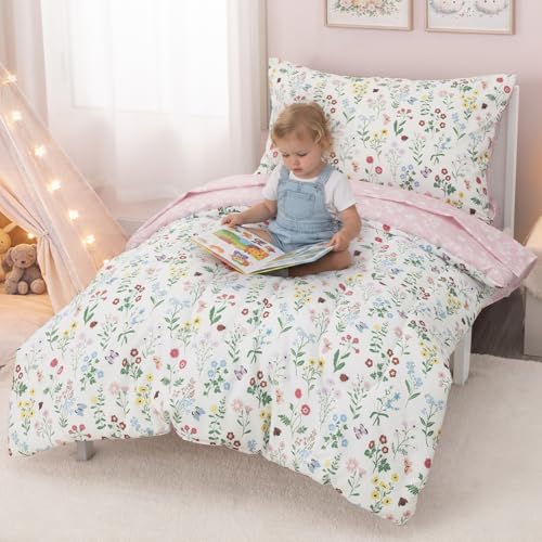 Image of david's kids 4 Piece Toddler Bedding Set - Soft Breathable Toddler Bedding Set for Boys Girls, Includes Quilted Comforter, Flat Sheet, Fitted Sheet and Pillowcase, Garden