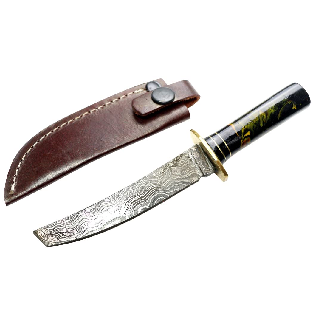TheBoneEdge 6" Damascus Fixed Blade Black Resin Handle Hunting Knife With Sheath