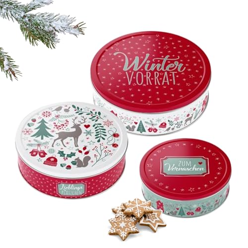 Brandsseller 3er Set Plätzchendosen aus Metall – stapelbare, runde Keksdosen mit Deckel - lebensmittelechte Aufbewahrungsdosen für Gebäck, Kekse & Weihnachtsplätzchen – Wintervorrat Brandsseller 3er Set Plätzchendosen aus Metall – stapelbare, runde Keksdosen mit Deckel - lebensmittelechte Aufbewahrungsdosen für Gebäck, Kekse & Weihnachtsplätzchen – Wintervorrat