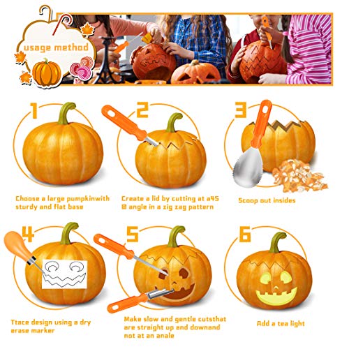 O-Kinee pompoensnijset voor Halloween, 6 stuks gereedschap van roestvrij staal met 10 snijsjablonen voor pompoen… - Image 6