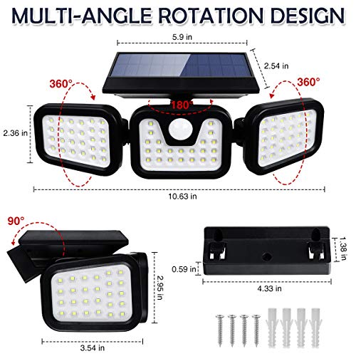 Solar Lights Outdoor with Motion Sensor, CHARMINER 3 Heads Security Adjustable Lights Solar Powered, 74 LED Flood Lights Motion Detected Spotlight for Garage Yard Porch Garden, 2 Pack