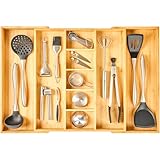 Umilife Extra Large Expandable Kitchen Drawer Organizer for Utensil and Junk, 19" Deep for Big Drawer, 17" to 28" Adjustable Bamboo Wood Drawer Divider, Cutlery Tray, Flatware Holder