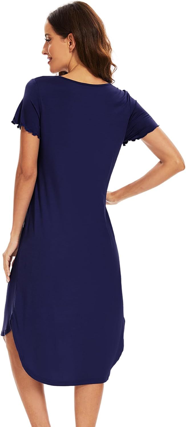 WiWi Nightgowns for Women Soft Viscose from bamboo Short Sleeve Summer Crewneck Pajama Gowns S-XXL, Navy, Small - Image 2