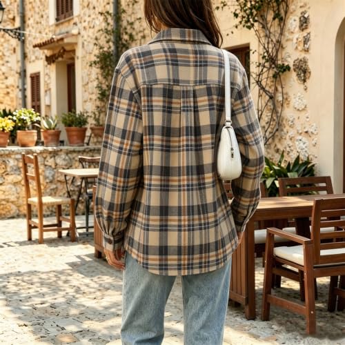 Khaki Plaid Shirts for Women Button Down Fashion Jacket with Chest Pocket - image 6