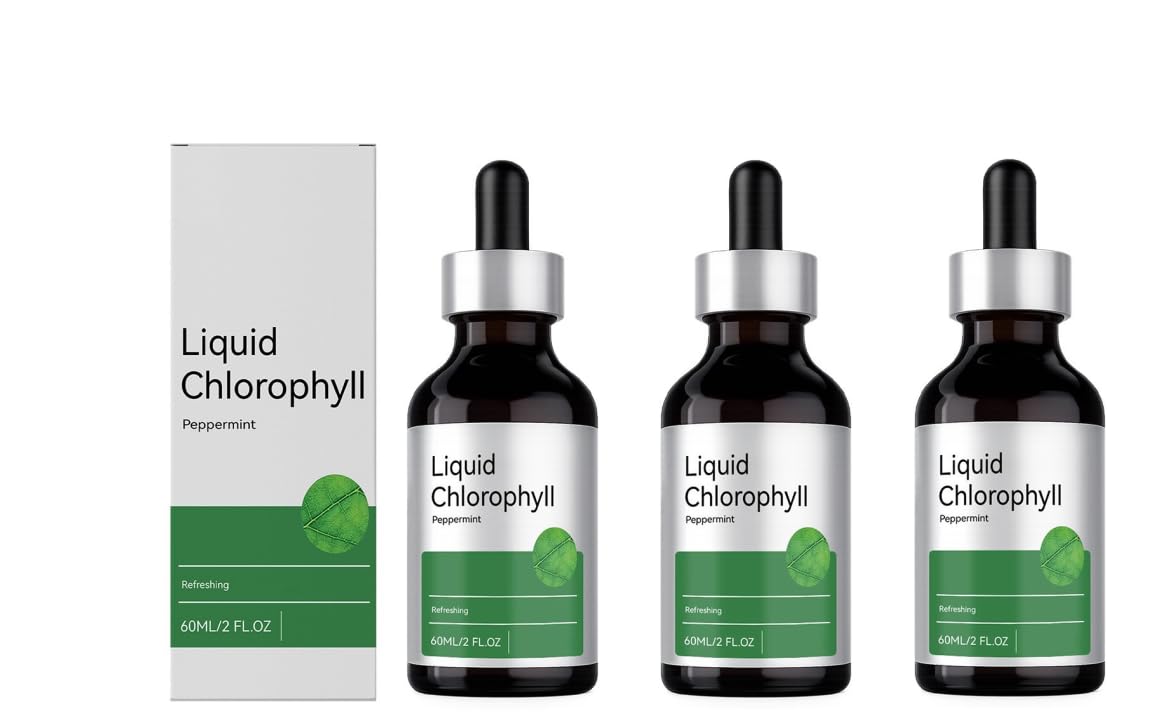 Chlorophylle liquide - Menthe poivrée naturelle - Soutien digestif et immunitaire - Sans alcool - Sans gluten sans OGM - 2 OZ,3Pcs
