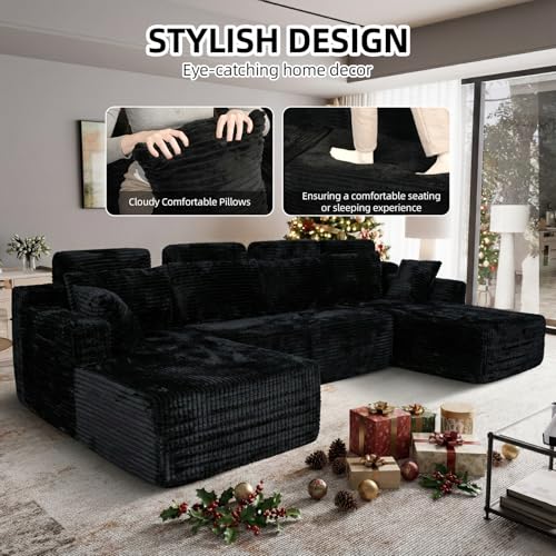 Image of 134 inch Boneless Couch for Living Room, Oversized U Shaped Modular Cloud Sofa with Deep Seat, 6 Seater Convertible Memory Foam Couches, No Assembly Plush Corduroy Sofa (Black)