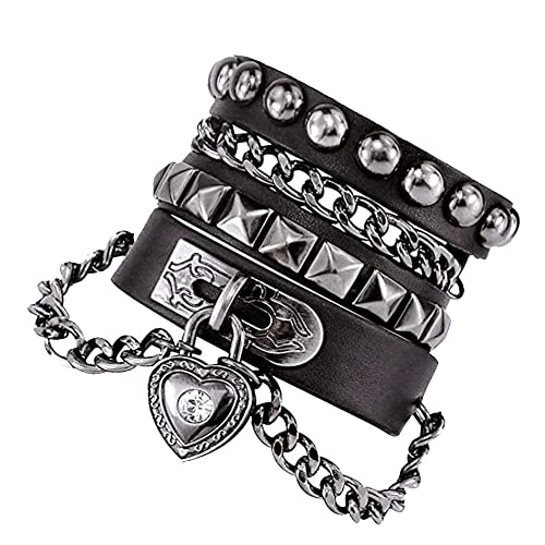 NIGHTCRUZ Punk Leather Chain Bracelet, Goth Leather Wristband with Heart, Rock and Roll Bracelet for Men Women