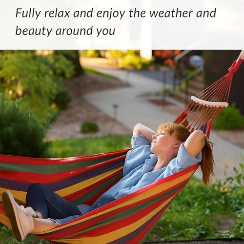 Image of Baskety Double Person Cotton Canvas Hammock with Spreader Bars, Ultralight Travel & Camping Swing Bed for Balcony, Garden, Outdoor & Beach - Max Load 200KG, Red (280 x 100 cm)