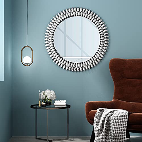 Yoayo Decorative Wall Mirror, Silver Crystal Mirror, Jeweled Accent Large Wall Mirror For Living Room, Circle Mirror Decorative Wall Art For Entryway Hallway Bedroom Home, Round Mirror 32 Inch #TOP2