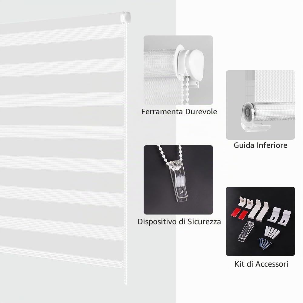 Kokorona Tende a rullo zebrate per finestre, a doppio strato, in tessuto, per porte, filtrano la luce, per la privacy, per il giorno e la notte, 60 cm di larghezza x 230 cm di altezza, bianco
