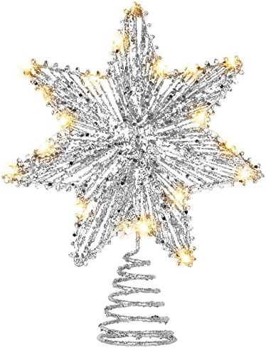 Roylvan Star Tree Topper, Glittered 3D Christmas Star Treetop Light, Battery Powered Decorative Light Heptagon-Shaped Xmas Tradition Tree Ornament for Home Decor, 7.8 x 9.8 inch, Silver