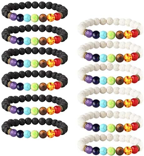 LOYALLOOK 12PCS Lava Stone Bracelet Mens Chakras Bead Bracelet Natural Stone Oil Diffuser Bracelet for Men Women Yoga Prayer Bracelet