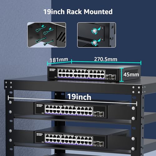Image of 24 Port 2.5Gb + 2 Port 10Gb SFP+ Ethernet Switch, NICGIGA 26 Port 2.5G Network Switch Unmanaged, Plug & Play, Desktop or 19-inch Rack Mount, Fanless Metal Design.
