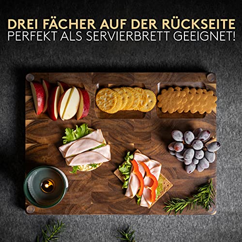 Foto von HAUSLUND® Schneidebrett Holz Groß 40x30x3cm, antiseptisches Akazien-Holzbrett mit Saftrille 3 integrierten Fächern & Anti-Rutsch-Füßen, Cutting Board - Schneiden & Servieren wie ein Profi