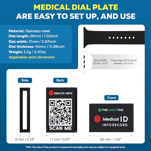 Medical Alert ID Tag for Watch Band Engraved QR Code Watch Safety Plate, Fitness Runners ID tag for Sport Smartwatch - More Space Custom Emergency Medical Info-Without Watchband (Silicon-Black-2pcs)