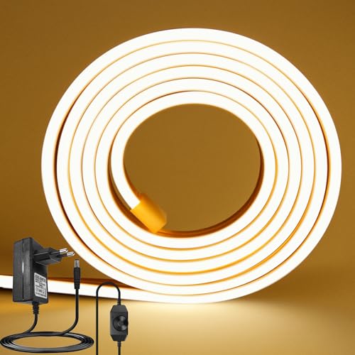 ROMANJOY Striscia LED neon 10m in silicone, impermeabile IP67, con dimmer Adattatore di alimentazione 24V, 3000K bianca calda, 1200 LED Fai da te Tagliabile Flessibile Soffitto Cucina Camera da letto