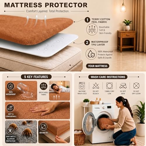Image of Dream King Luxury Being Terry Cloth Fitted Mattress Protector Single Bed | Waterproof Ultra Soft Mattress Cover | Hypoallergenic Bed Cover 72X84 inch (Gold)