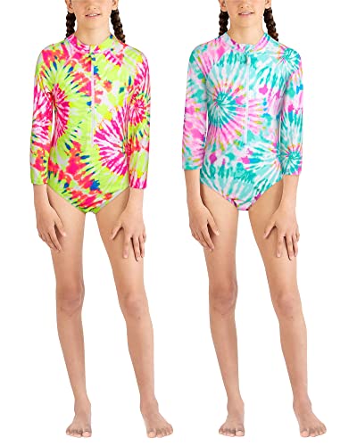 Limited Too Girls' Rash Guard Bathing Suit – 2 Pack Upf 50+ One-Piece Long Sleeve Zipper Front Swimsuit (4-16), Size 14/16, Pink/Seafoam Swirls #TOP1