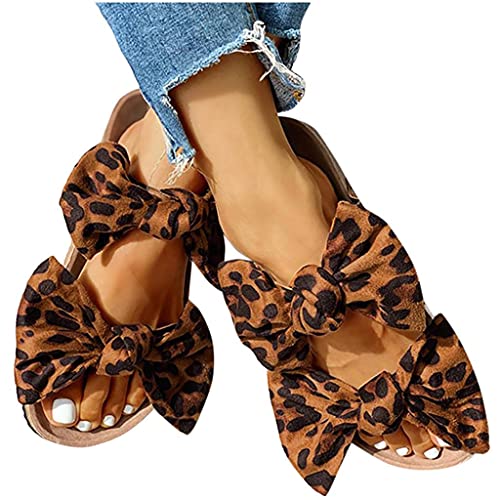 Rrunsv Damen Sandalen Frauen Rom Damen Sommer Leopard Schleife Flache Frauen Hausschuhe Flip Flops Riemchenpumps Slipper Sommerschuhe Bohemian Römersandalen Pantoletten Sandaletten Open Toe Schuhe Cover